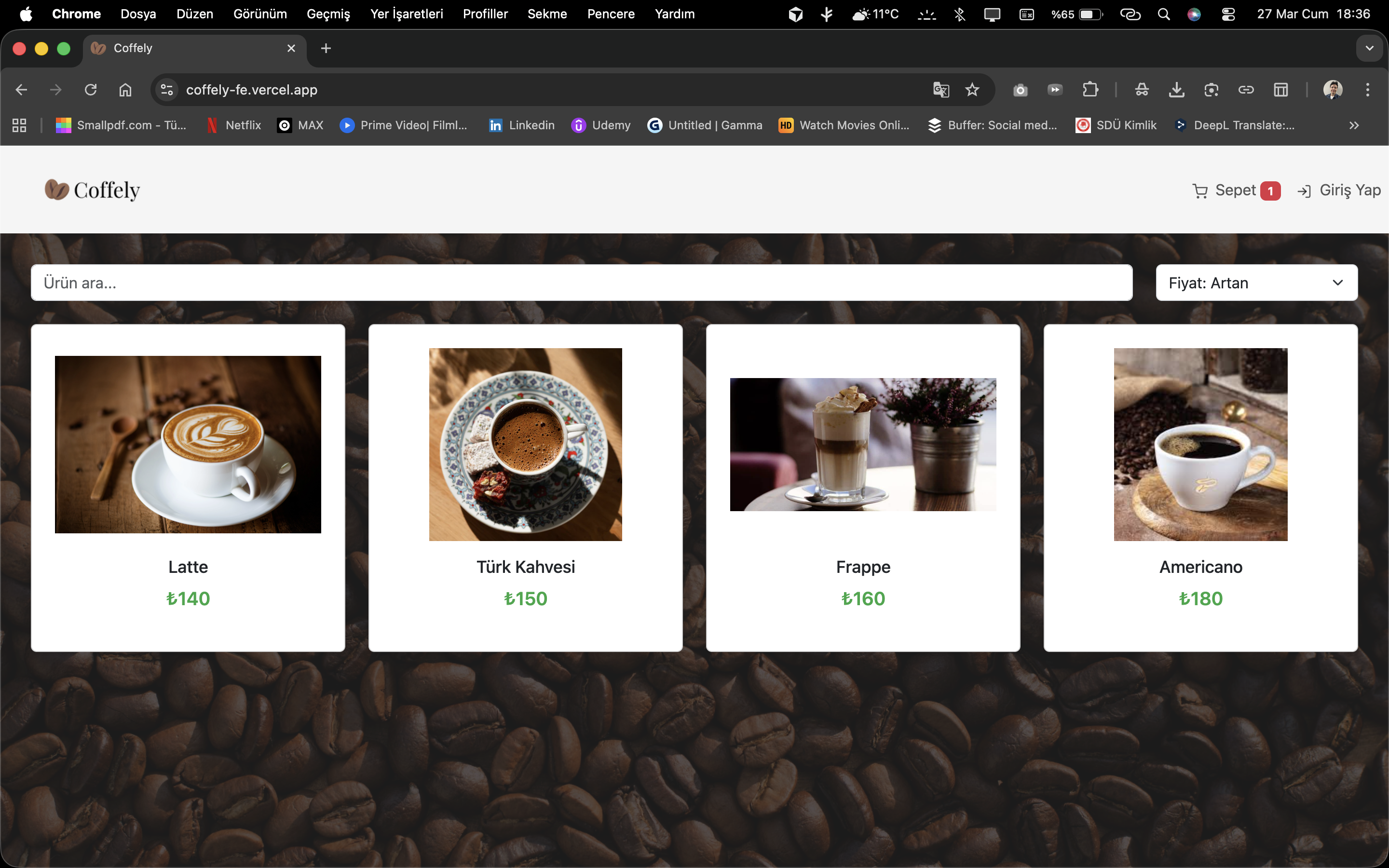 Coffely uygulaması ekran görüntüsü